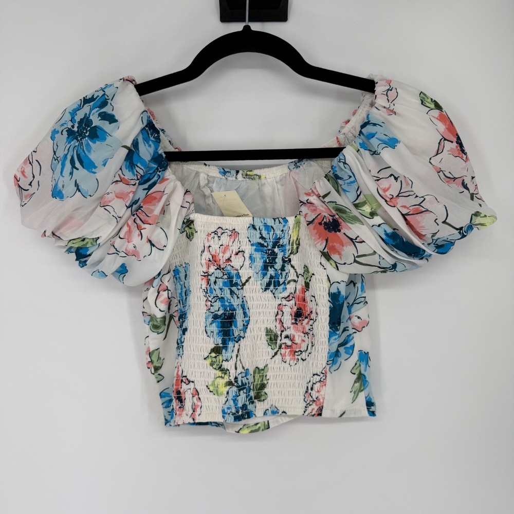 Abercrombie & Fitch Shirt Womens XS Ruched Boho Cottagecore Smocked Floral Crop - Picture 10 of 11
